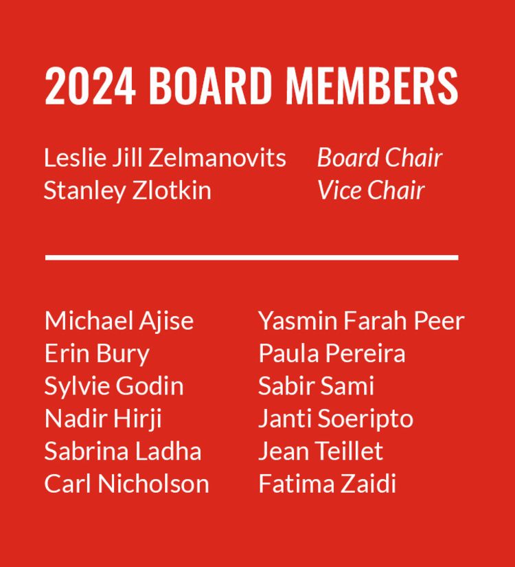 List of 2024 Board of Directors: Leslie Jill Zelmanovits – Board Chair, Stanley Zlotkin – Vice Chair, Michael Ajise, Erin Bury, Sylvie Godin, Nadir Hirji, Sabrina Ladha, Carl Nicholson, Yasmin Farah Peer, Paula Pereira, Sabir Sami, Janti Soeripto, Jean Teillet, Fatima Zaidi